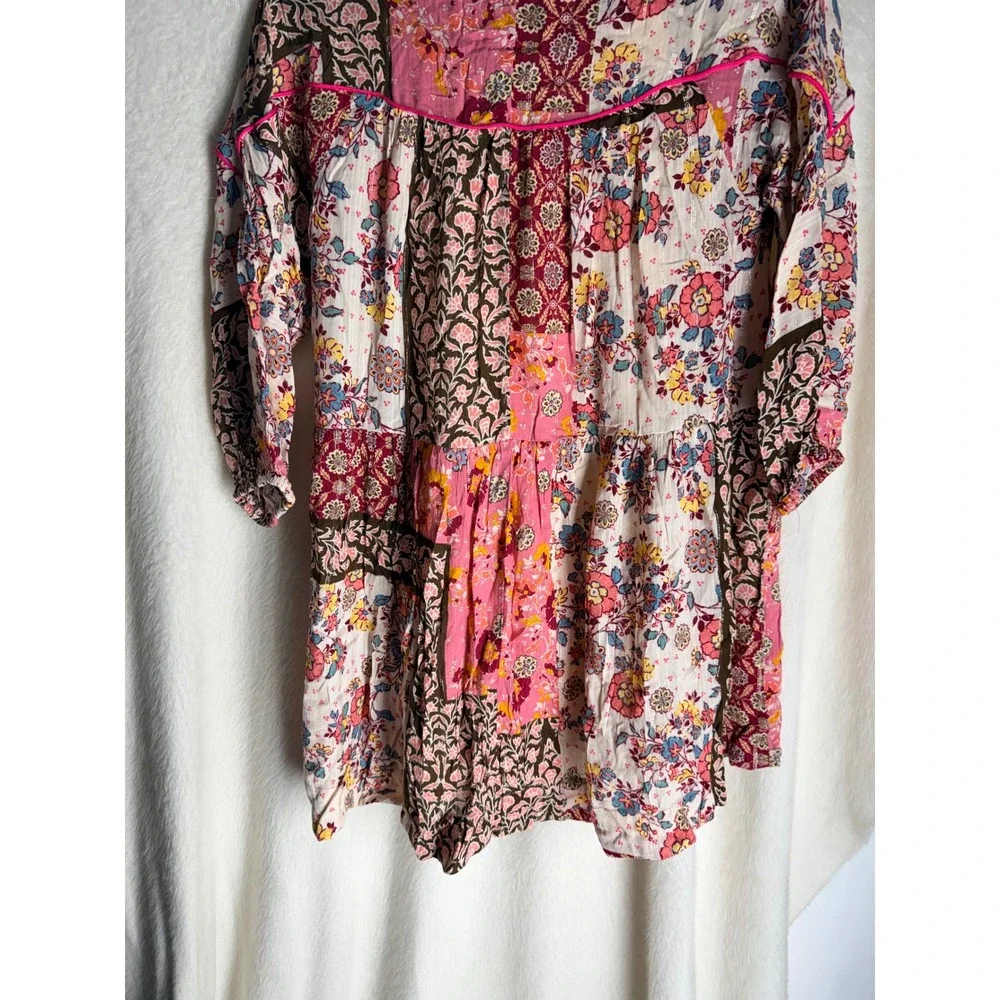 Zara Kids Girls Patchwork Floral Tiered Dress Pink Brown Size 11-12 Boho